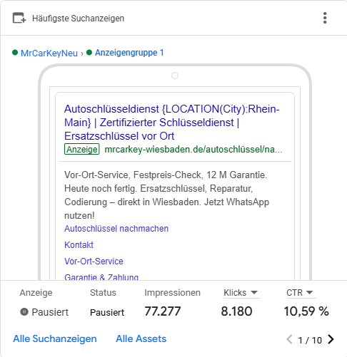 Google Suchanzeige für Autoschlüsseldienst mit 10,59 Prozent Klickrate