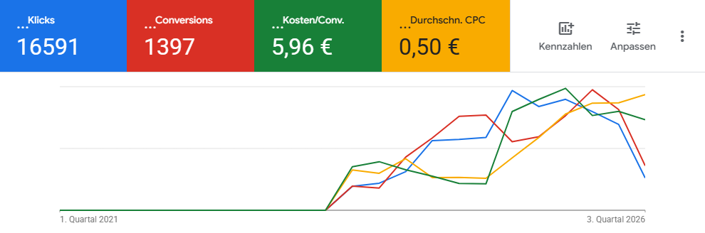 Google Ads Ergebnisse mit 16591 Klicks und 1397 Conversions