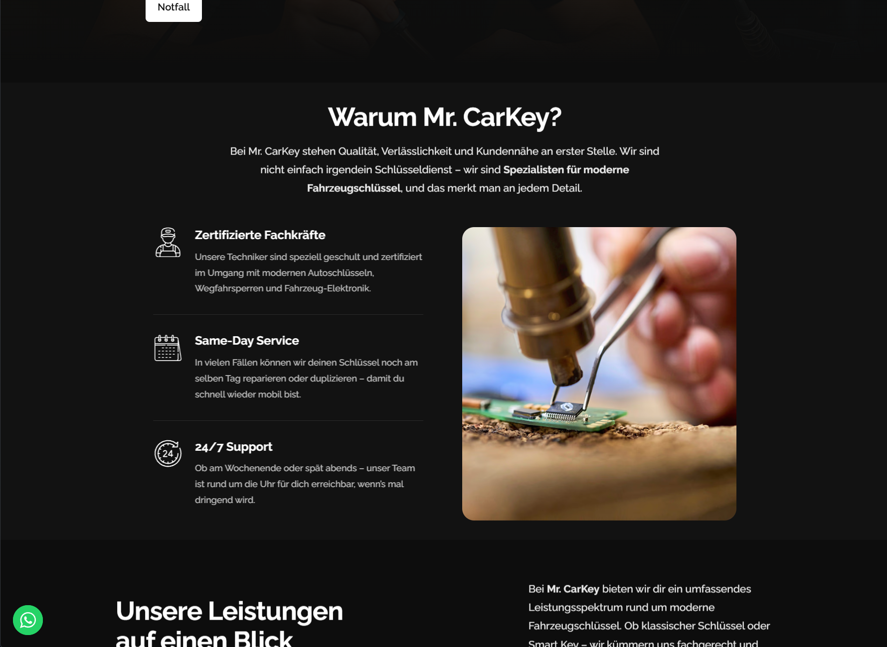 Vertrauensaufbau und Leistungsargumente der Mr. CarKey Website