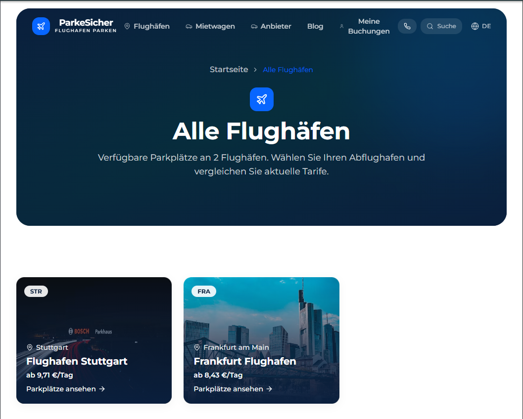 ParkeSicher Landingpage für Flughafenparkplätze in Stuttgart und Frankfurt