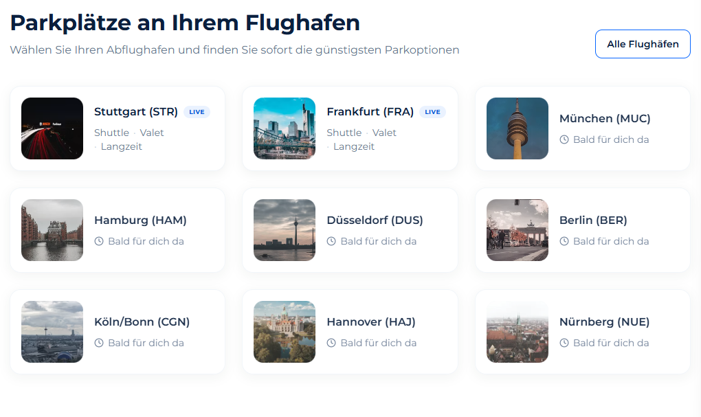 Responsive Flughafenübersicht der ParkeSicher Plattform
