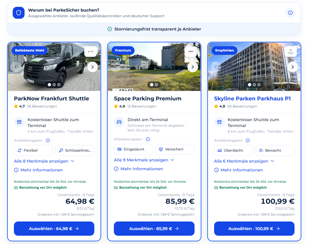 Conversion-optimierter Parkplatzvergleich von ParkeSicher mit Shuttle und Valet Angeboten